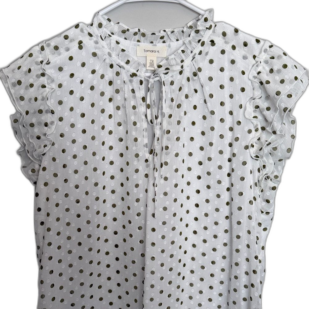 Tamara H Tie-Neck White and Olive Polka Dot Ruffle Sleeveless Blouse. Size Large - Picture 2 of 5